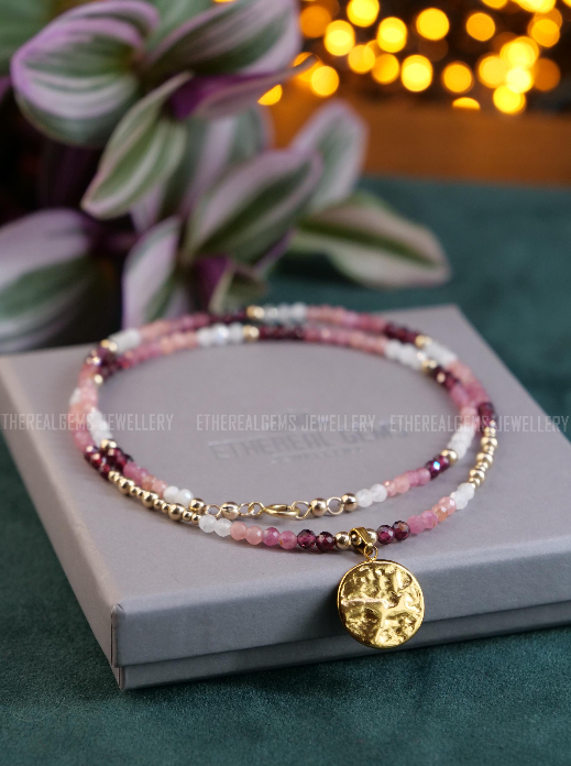 Garnet Tourmaline Rhodochrosite Moonstone Necklace, Beaded gemstone necklace, Mix gemstone necklace, Pink Ombre necklace, Love gemstone