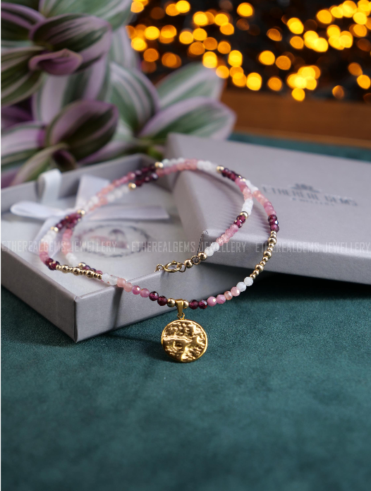 Garnet Tourmaline Rhodochrosite Moonstone Necklace, Beaded gemstone necklace, Mix gemstone necklace, Pink Ombre necklace, Love gemstone