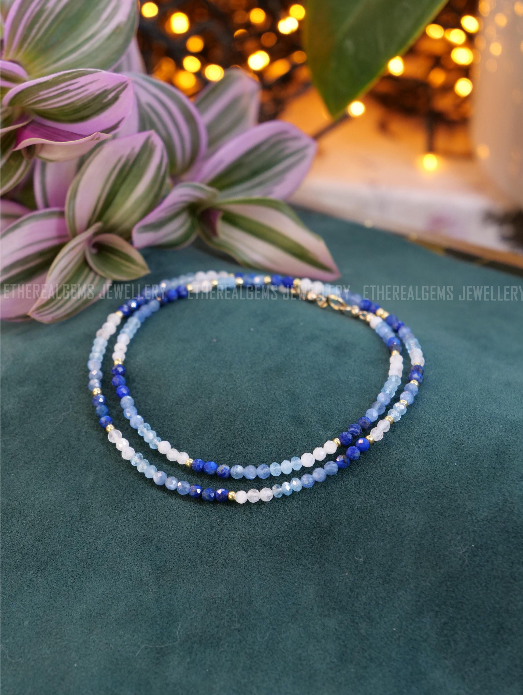 Lapis Lazuli  Kyanite Aquamarine Moonstone Necklace, Beaded gemstone necklace, Mix gemstone necklace, Blue Ombre necklace, March Birthstone