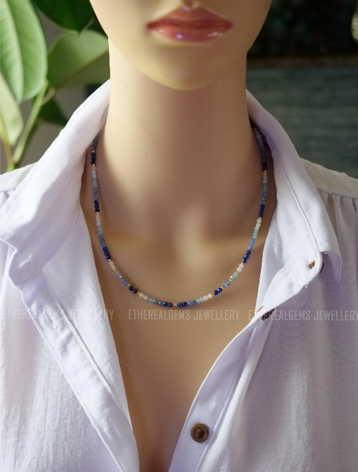 Lapis Lazuli Kyanite Aquamarine Moonstone Necklace, Beaded gemstone necklace, Mix gemstone necklace, Blue Ombre necklace, March Birthstone