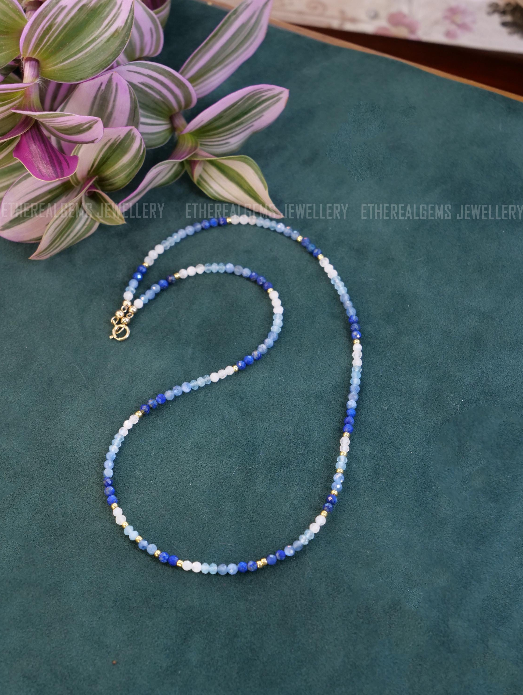 Lapis Lazuli Kyanite Aquamarine Moonstone Necklace, Beaded gemstone necklace, Mix gemstone necklace, Blue Ombre necklace, March Birthstone