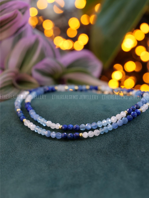 Lapis Lazuli Kyanite Aquamarine Moonstone Necklace, Beaded gemstone necklace, Mix gemstone necklace, Blue Ombre necklace, March Birthstone