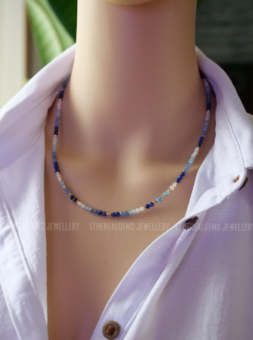Lapis Lazuli Kyanite Aquamarine Moonstone Necklace, Beaded gemstone necklace, Mix gemstone necklace, Blue Ombre necklace, March Birthstone