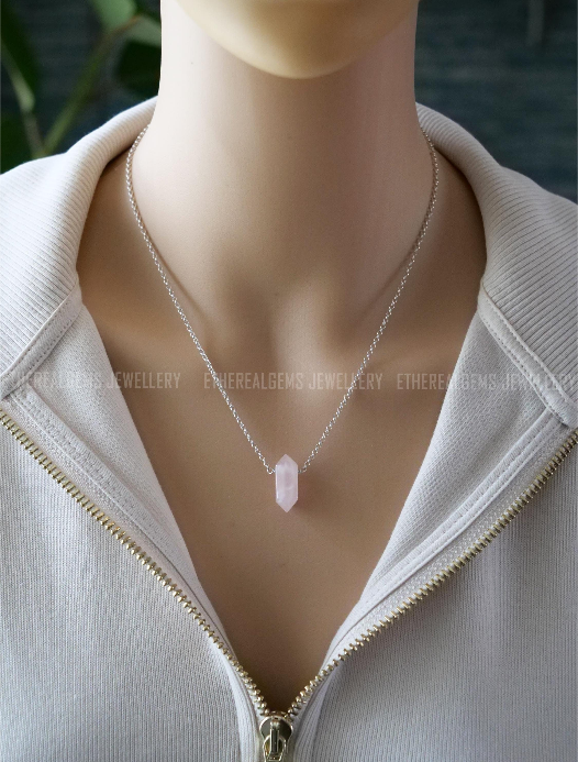 Rose Quartz Point Natural Gemstone Sterling Silver Pendant Necklace, Genuine Top Grade Gift Jewelry, Women Fashion Crystal Energy Jewellery