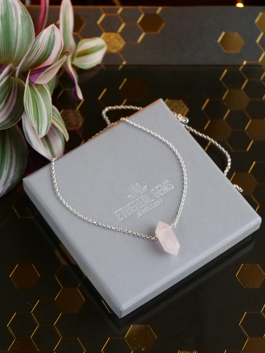 Rose Quartz Point Natural Gemstone Sterling Silver Pendant Necklace, Genuine Top Grade Gift Jewelry, Women Fashion Crystal Energy Jewellery