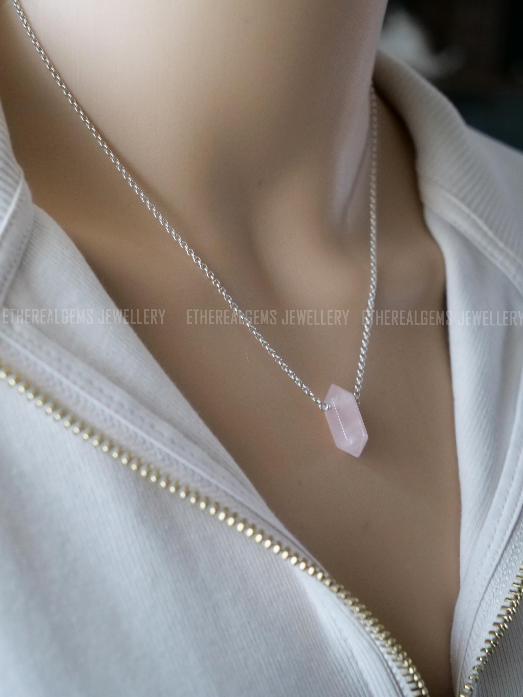 Rose Quartz Point Natural Gemstone Sterling Silver Pendant Necklace, Genuine Top Grade Gift Jewelry, Women Fashion Crystal Energy Jewellery