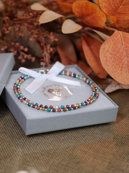 Vintage vibe necklace, 3mm Tiny Gemstone Necklace, Summer vintage necklace, Silver beaded Chrysocolla Garnet Goldstone Gemstone Necklace