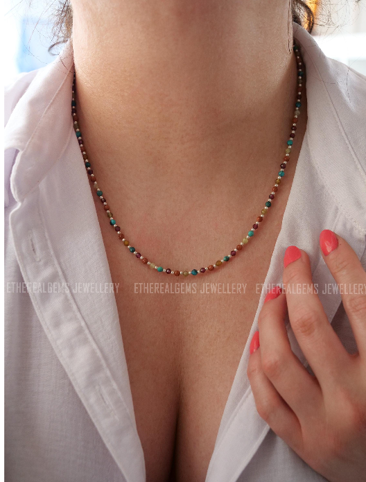 Vintage vibe necklace, 3mm Tiny Gemstone Necklace, Summer vintage necklace, Silver beaded Chrysocolla Garnet Goldstone Gemstone Necklace