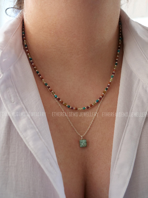 Vintage vibe necklace, 3mm Tiny Gemstone Necklace, Summer vintage necklace, Silver beaded Chrysocolla Garnet Goldstone Gemstone Necklace