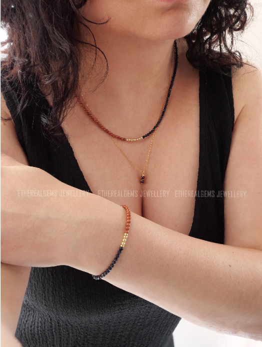 Goldstone necklace, Half half necklace, Gemstone beaded gold silver sandstone jewellery, Stacking jewellery, 3mm gemstone necklace