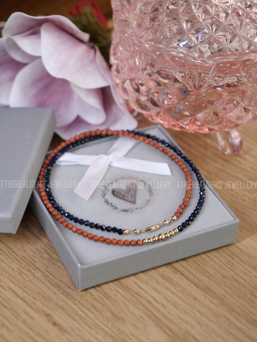 Goldstone necklace, Half half necklace, Gemstone beaded gold silver sandstone jewellery, Stacking jewellery, 3mm gemstone necklace