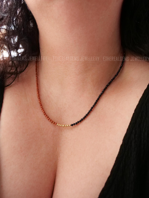 Goldstone necklace, Half half necklace, Gemstone beaded gold silver sandstone jewellery, Stacking jewellery, 3mm gemstone necklace