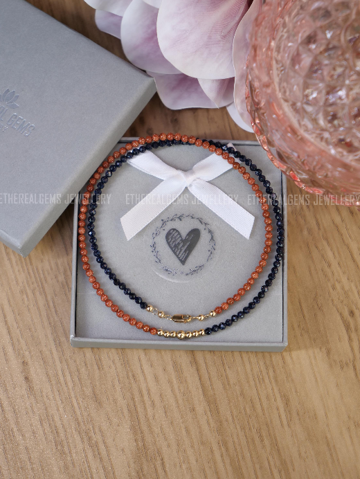 Goldstone necklace, Half half necklace, Gemstone beaded gold silver sandstone jewellery, Stacking jewellery, 3mm gemstone necklace