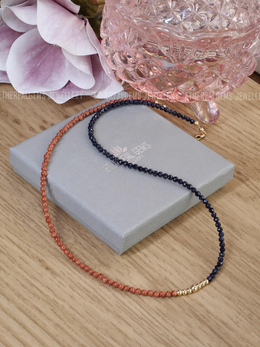 Goldstone necklace, Half half necklace, Gemstone beaded gold silver sandstone jewellery, Stacking jewellery, 3mm gemstone necklace