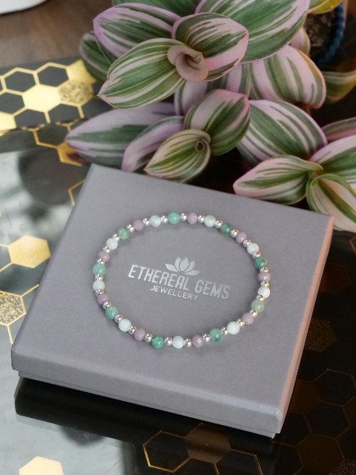 Emerald & Angelite Silver Elastic Gemstone Mix Heart Abstract Charm Bracelet, Genuine Top Grade Gift Jewelry, Women Fashion Jewellery