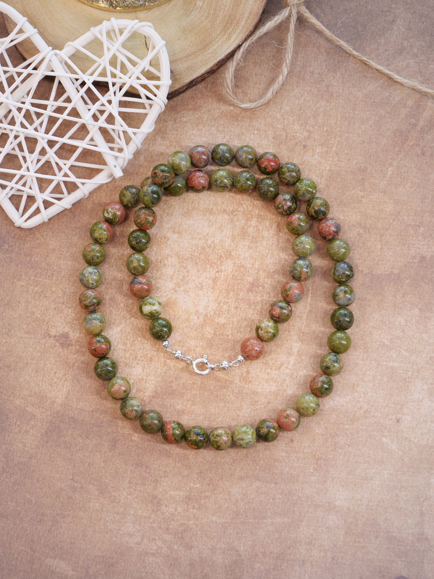 Unakite 8mm Beaded Natural Gemstone Sterling Silver Necklace, Genuine Top Grade Gift Jewelry, Women Men Fashion Crystal Energy Jewellery