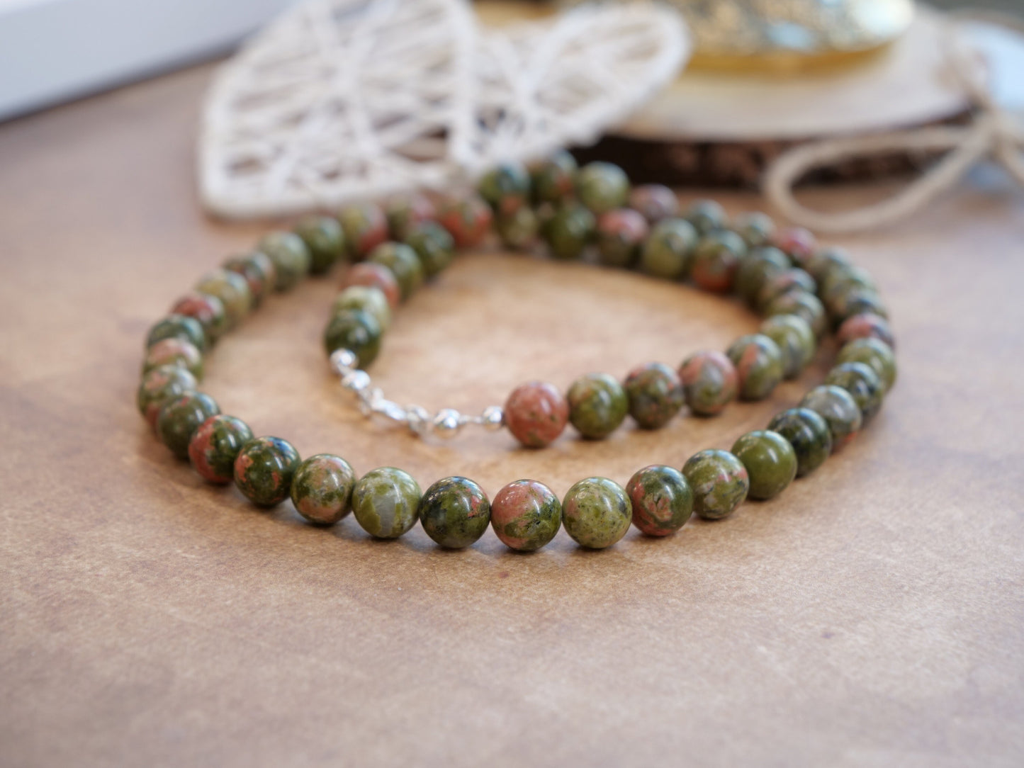Unakite 8mm Beaded Natural Gemstone Sterling Silver Necklace, Genuine Top Grade Gift Jewelry, Women Men Fashion Crystal Energy Jewellery