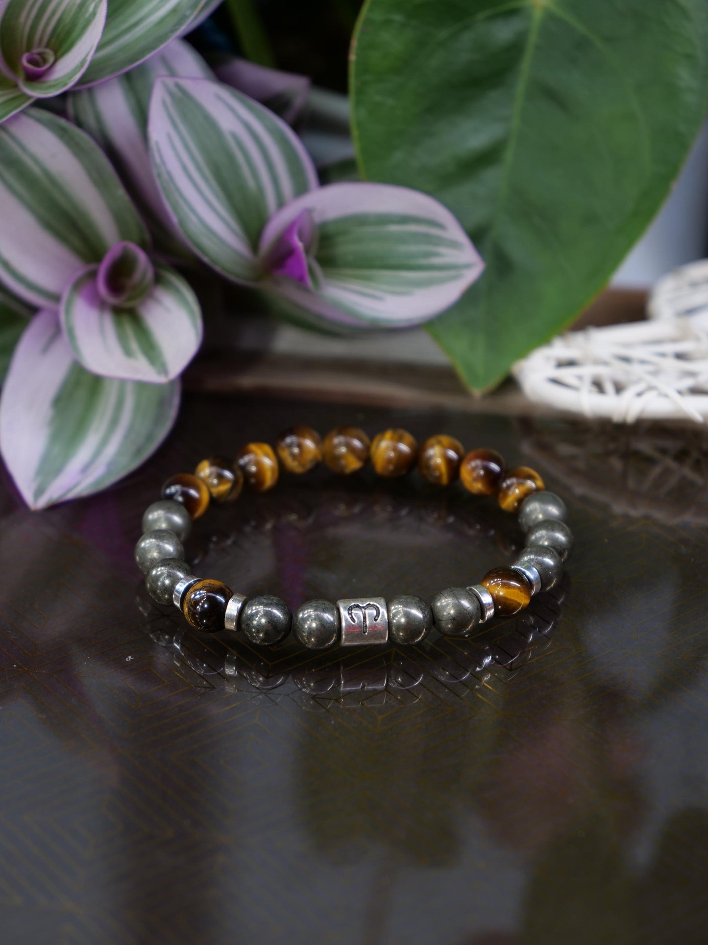 Zodiac Tigers Eye Pyrite 8mm Beaded Natural Gemstone Elastic Bracelet, Genuine Top Grade Jewelry, Men Women Fashion Jewellery