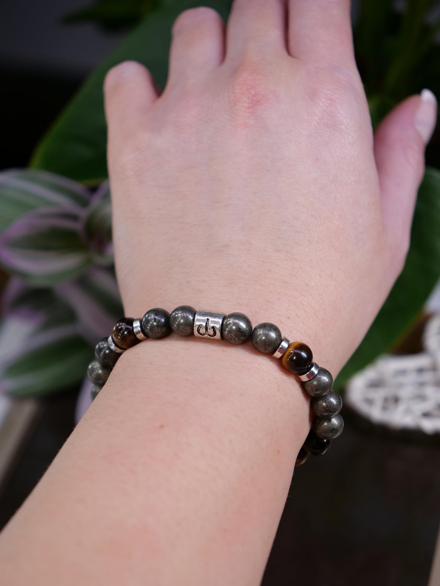 Zodiac Tigers Eye Pyrite 8mm Beaded Natural Gemstone Elastic Bracelet, Genuine Top Grade Jewelry, Men Women Fashion Jewellery