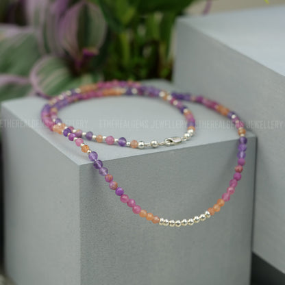 3mm Tiny Gemstone Necklace, Summer necklace, Pink Purple Orange Necklace, Pink Tourmaline Lepidolite Sunstone necklace, Love gemstone