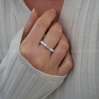 Howlite 3mm Beaded Natural Gemstone Sterling Silver/14ct Gold Filled Elastic Ring, Genuine Top Grade Gift Jewelry, Women Fashion Jewellery