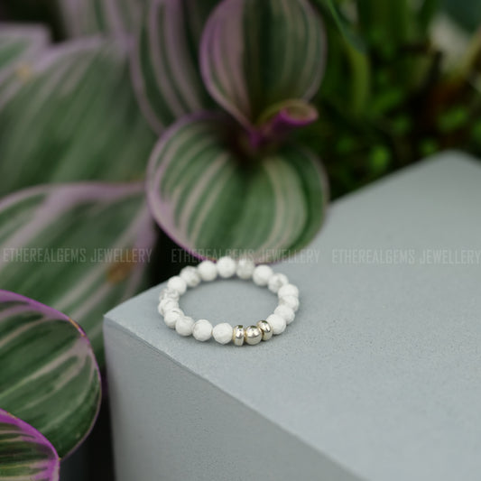 Howlite 3mm Beaded Natural Gemstone Sterling Silver/14ct Gold Filled Elastic Ring, Genuine Top Grade Gift Jewelry, Women Fashion Jewellery