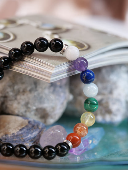 Chakra 8 Stone Black Onyx 8mm Beaded Natural Gemstone Elastic Bracelet, Genuine Top Grade Gift Jewelry, Men Women Fashion Crystal Energy Jewellery