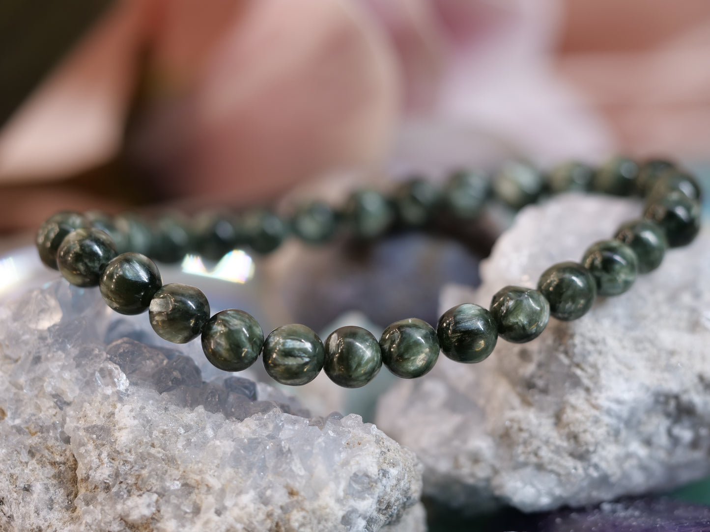 Seraphinite 8mm Beaded Natural Gemstone Elastic Bracelet, Genuine Top Grade Gift Jewelry, Men Women Fashion Crystal Energy Jewellery