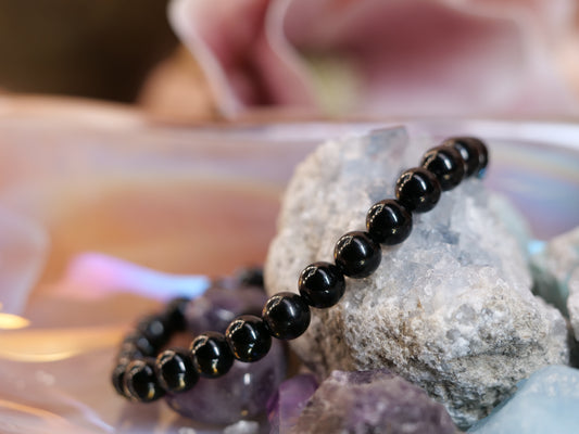 Black Tourmaline 8mm Beaded Natural Gemstone Elastic Bracelet, Genuine Top Grade Gift Jewelry, Men Women Fashion Crystal Energy Jewellery