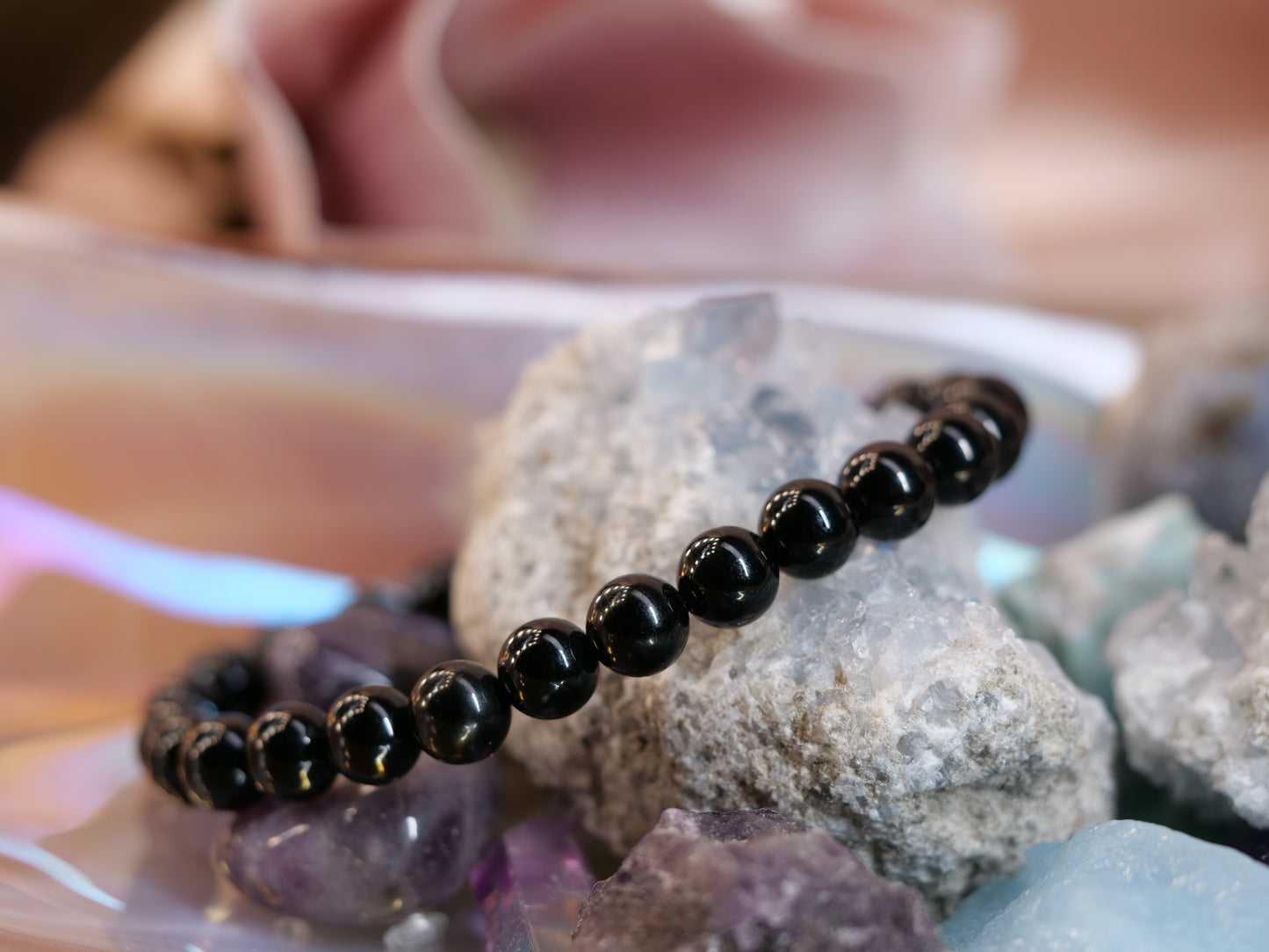 Black Tourmaline 8mm Beaded Natural Gemstone Elastic Bracelet, Genuine Top Grade Gift Jewelry, Men Women Fashion Crystal Energy Jewellery