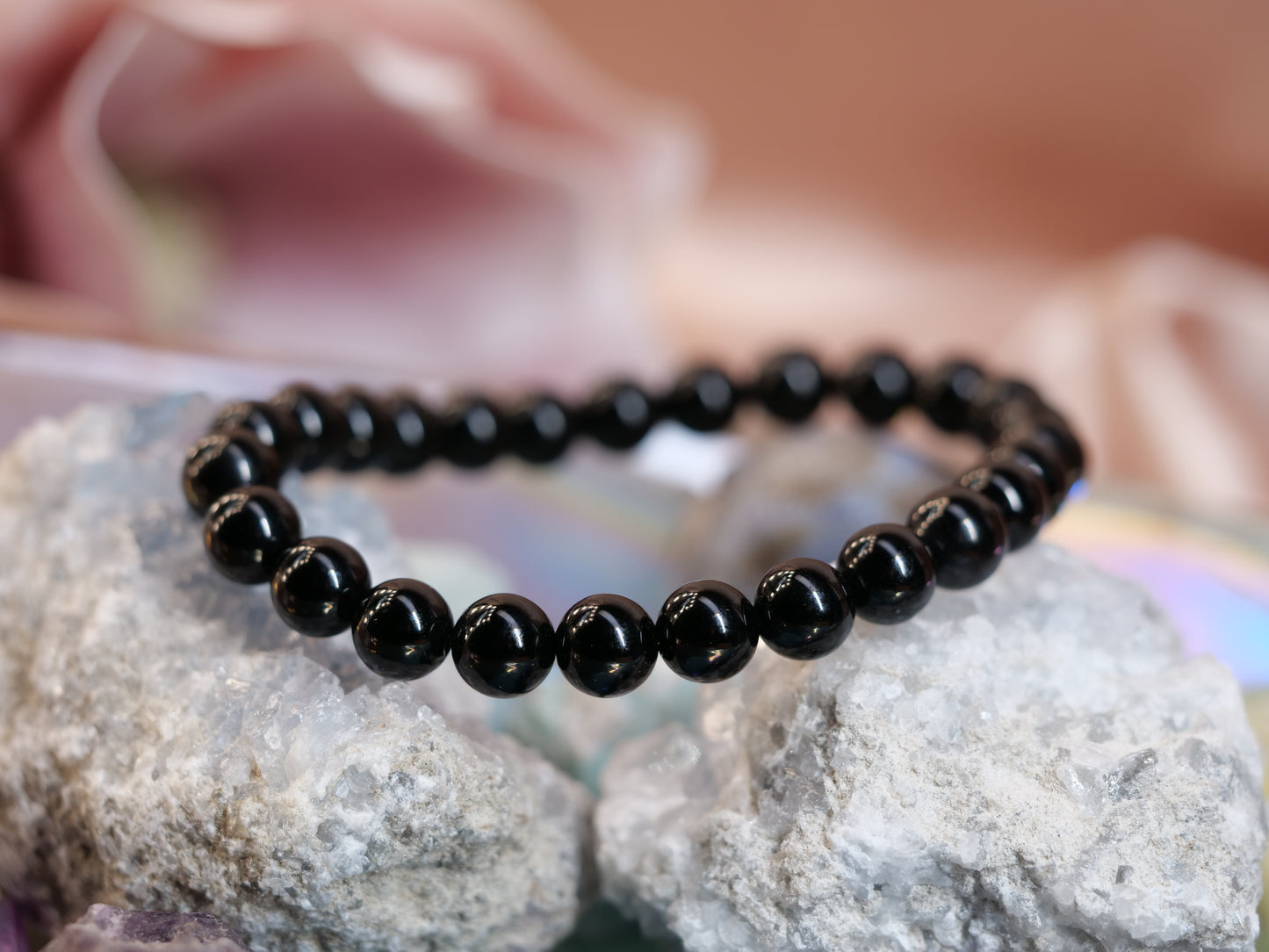 Black Tourmaline 8mm Beaded Natural Gemstone Elastic Bracelet, Genuine Top Grade Gift Jewelry, Men Women Fashion Crystal Energy Jewellery