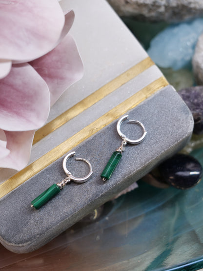 Malachite Huggie Dangle Natural Gemstone Sterling Silver Earrings, Genuine Top Grade Gift Jewelry, Women Fashion Jewellery