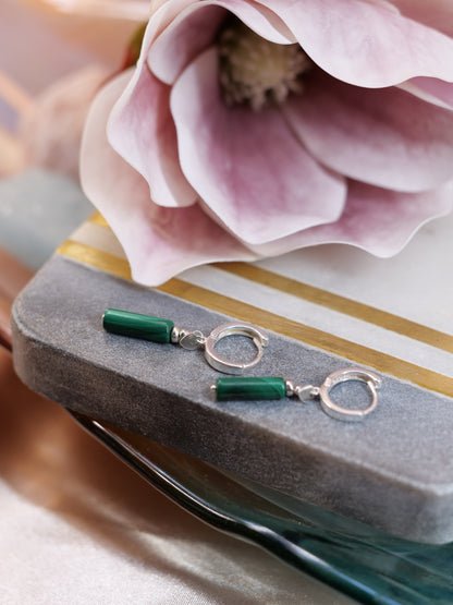 Malachite Huggie Dangle Natural Gemstone Sterling Silver Earrings, Genuine Top Grade Gift Jewelry, Women Fashion Jewellery