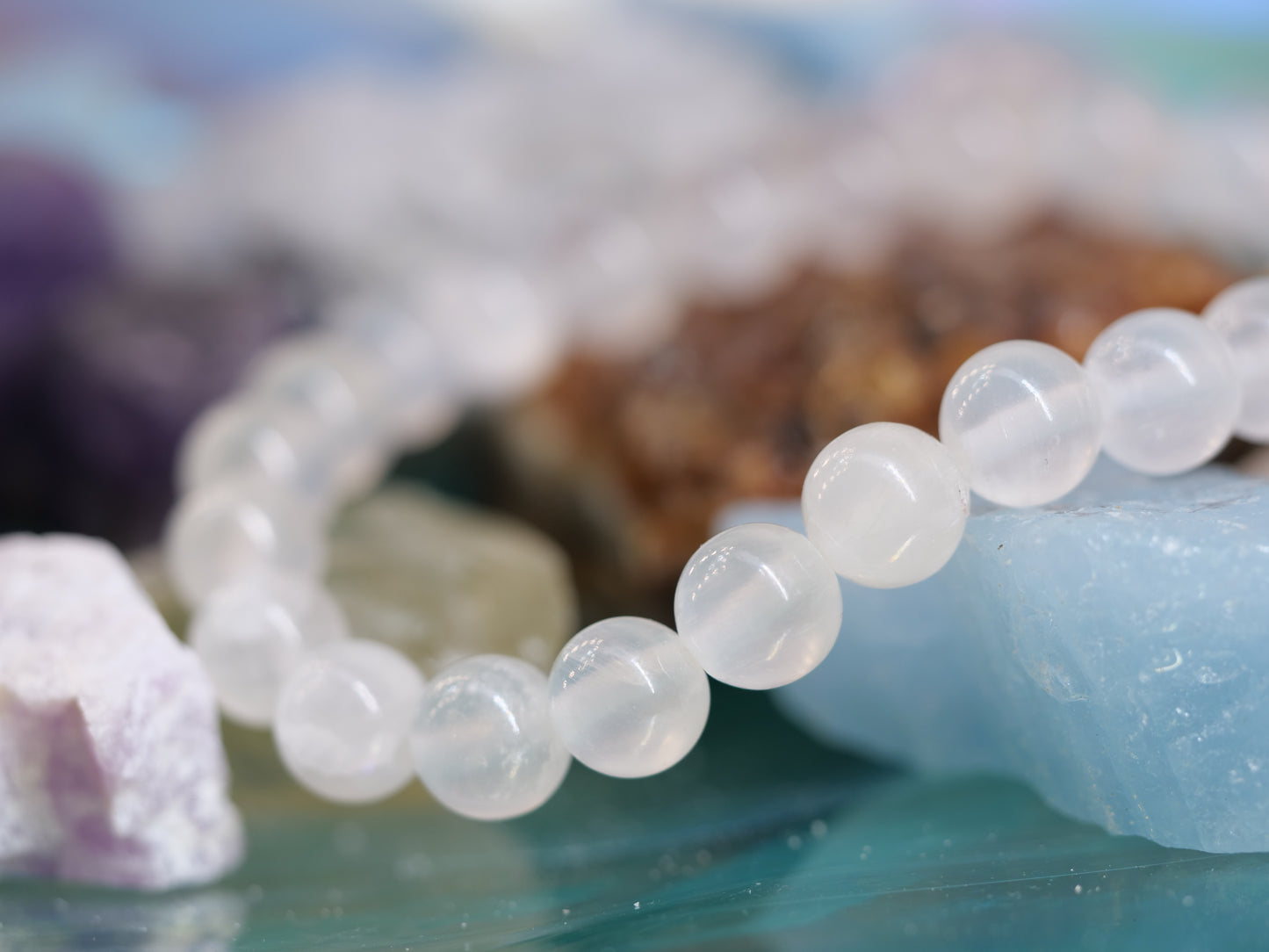 Selenite 8mm Beaded Natural Gemstone Elastic Bracelet, Genuine Top Grade Gift Jewelry, Men Women Fashion Crystal Energy Jewellery