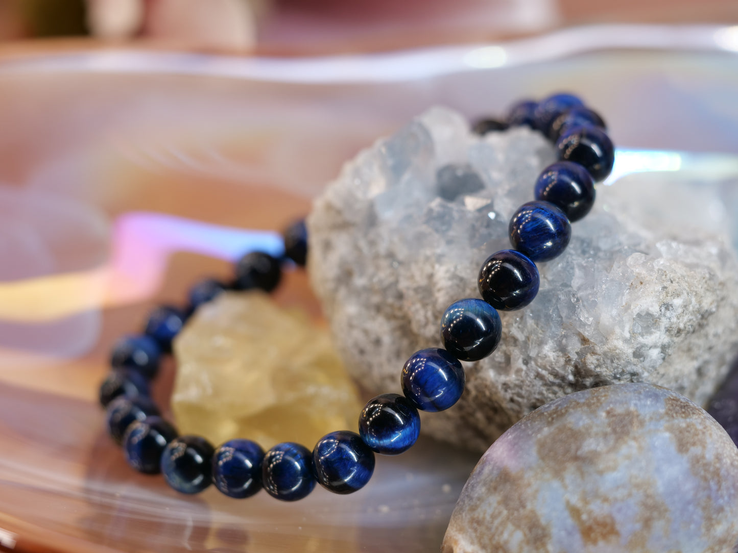 Blue Tigers Eye 8mm Beaded Natural Gemstone Elastic Bracelet, Genuine Top Grade Gift Jewelry, Men Women Fashion Crystal Energy Jewellery