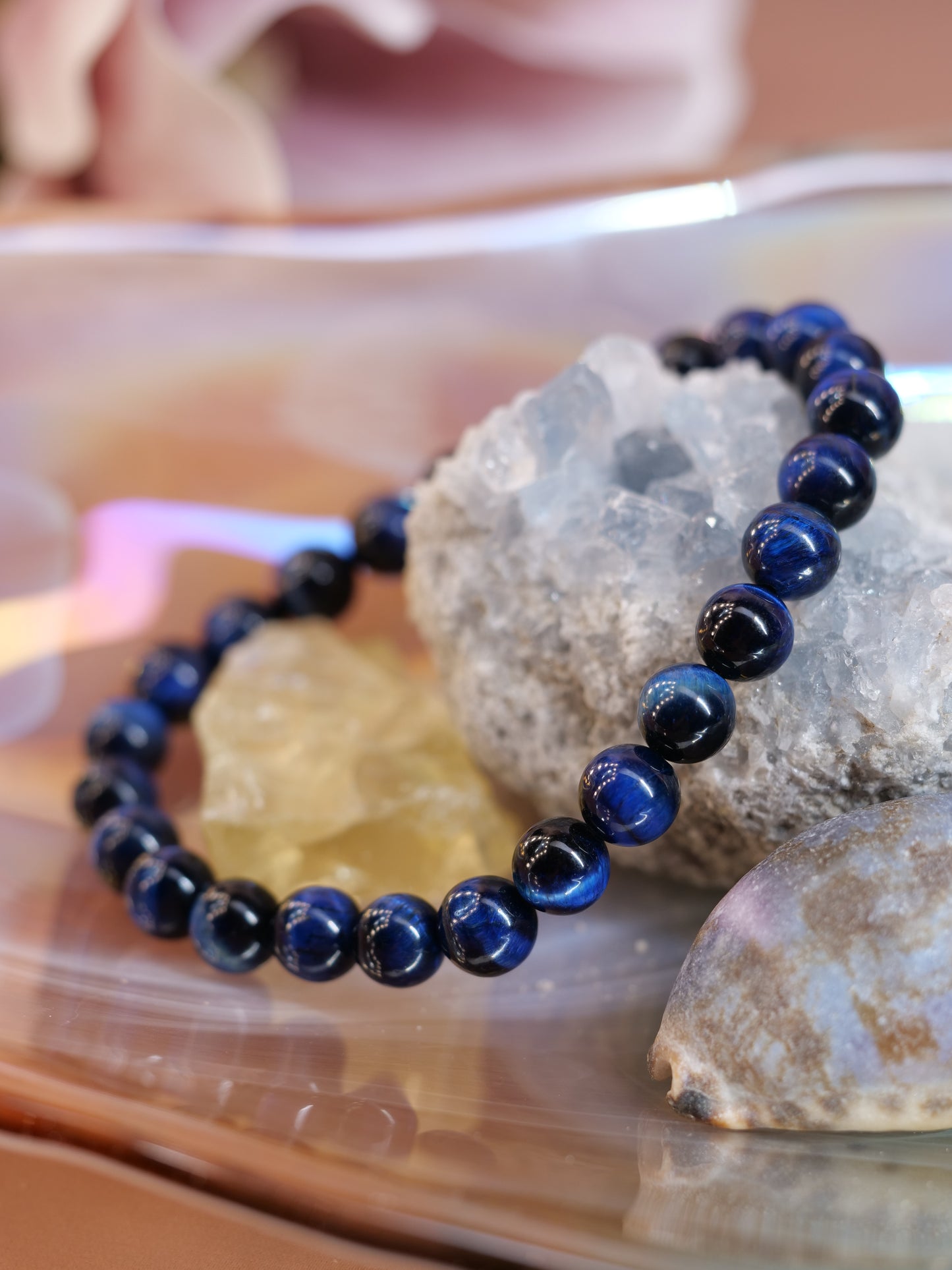 Blue Tigers Eye 8mm Beaded Natural Gemstone Elastic Bracelet, Genuine Top Grade Gift Jewelry, Men Women Fashion Crystal Energy Jewellery