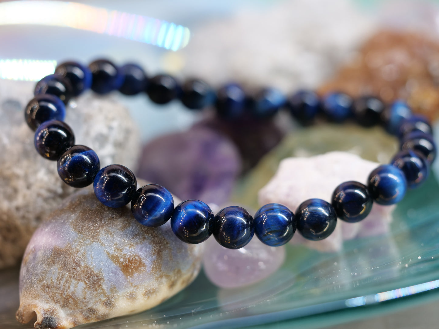 Blue Tigers Eye 8mm Beaded Natural Gemstone Elastic Bracelet, Genuine Top Grade Gift Jewelry, Men Women Fashion Crystal Energy Jewellery