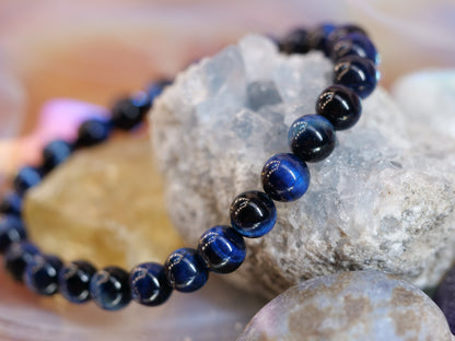 Blue Tigers Eye 8mm Beaded Natural Gemstone Elastic Bracelet, Genuine Top Grade Gift Jewelry, Men Women Fashion Crystal Energy Jewellery