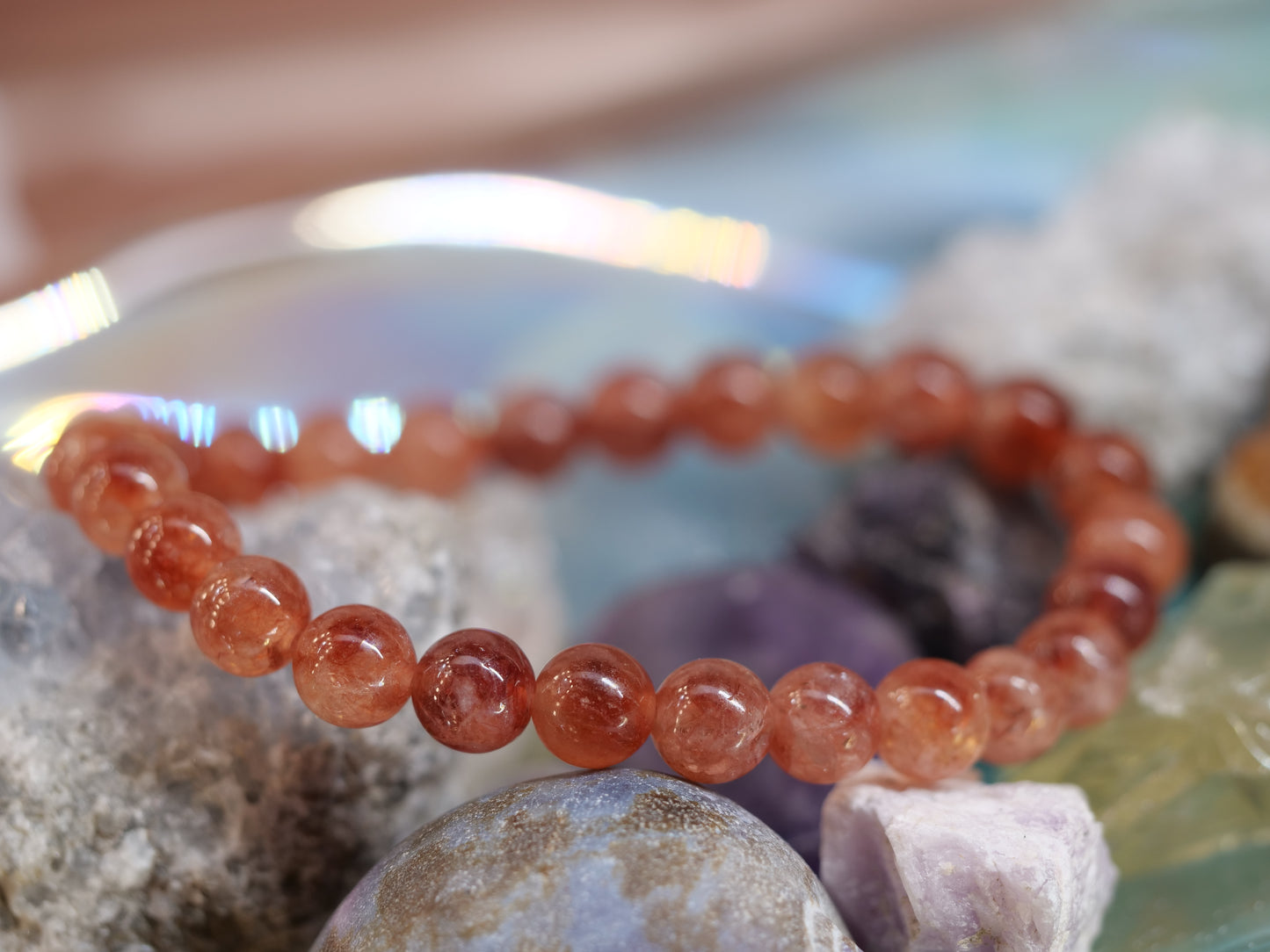 Sunstone 8mm Beaded Natural Gemstone Elastic Bracelet, Genuine Top Grade Gift Jewelry, Men Women Fashion Crystal Energy Jewellery