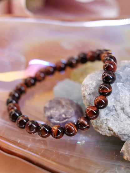 Red Tigers Eye 8mm Beaded Natural Gemstone Elastic Bracelet, Genuine Top Grade Gift Jewelry, Men Women Fashion Crystal Energy Jewellery