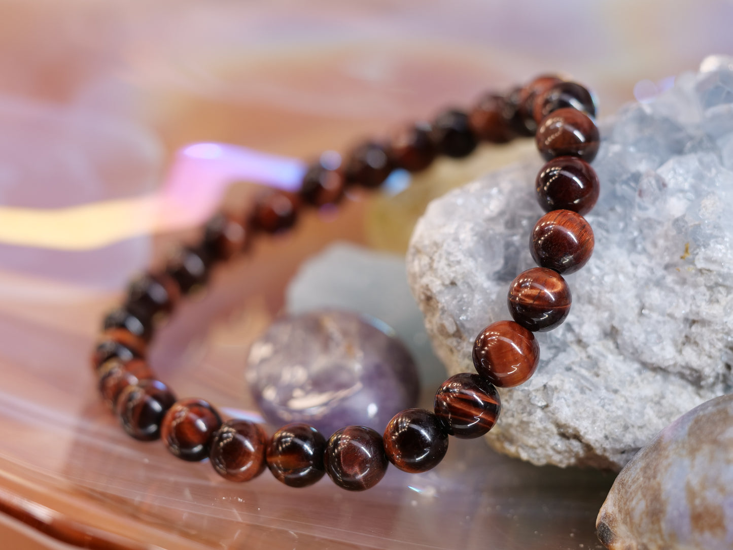 Red Tigers Eye 8mm Beaded Natural Gemstone Elastic Bracelet, Genuine Top Grade Gift Jewelry, Men Women Fashion Crystal Energy Jewellery