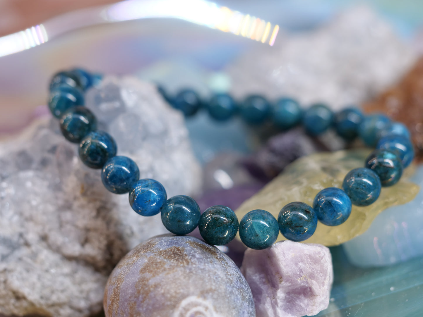 Teal Apatite 8mm Beaded Natural Gemstone Elastic Bracelet, Genuine Top Grade Gift Jewelry, Men Women Fashion Crystal Energy Jewellery