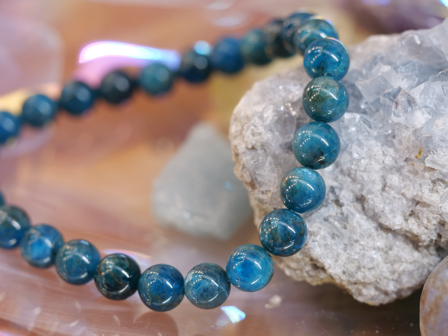 Teal Apatite 8mm Beaded Natural Gemstone Elastic Bracelet, Genuine Top Grade Gift Jewelry, Men Women Fashion Crystal Energy Jewellery