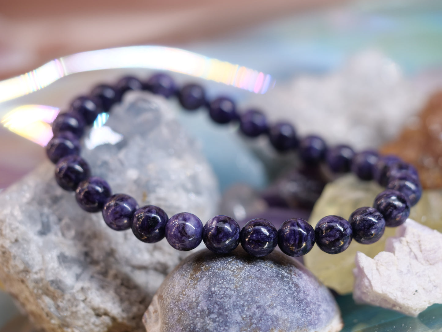 Charoite 8mm Beaded Natural Gemstone Elastic Bracelet, Genuine Top Grade Gift Jewelry, Men Women Fashion Crystal Energy Jewellery