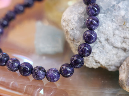 Charoite 8mm Beaded Natural Gemstone Elastic Bracelet, Genuine Top Grade Gift Jewelry, Men Women Fashion Crystal Energy Jewellery