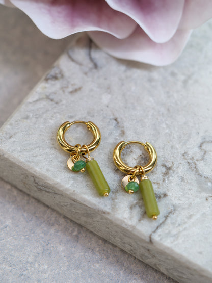 Nephrite Huggie Dangle Natural Gemstone PVD Gold Plated Gold Filled Earrings, Genuine Top Grade Gift Jewelry, Women Fashion Jewellery