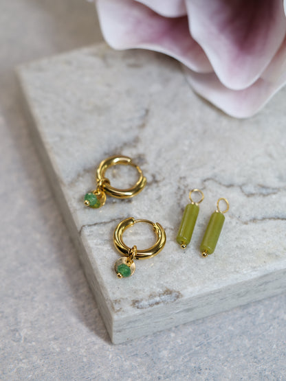 Nephrite Huggie Dangle Natural Gemstone PVD Gold Plated Gold Filled Earrings, Genuine Top Grade Gift Jewelry, Women Fashion Jewellery