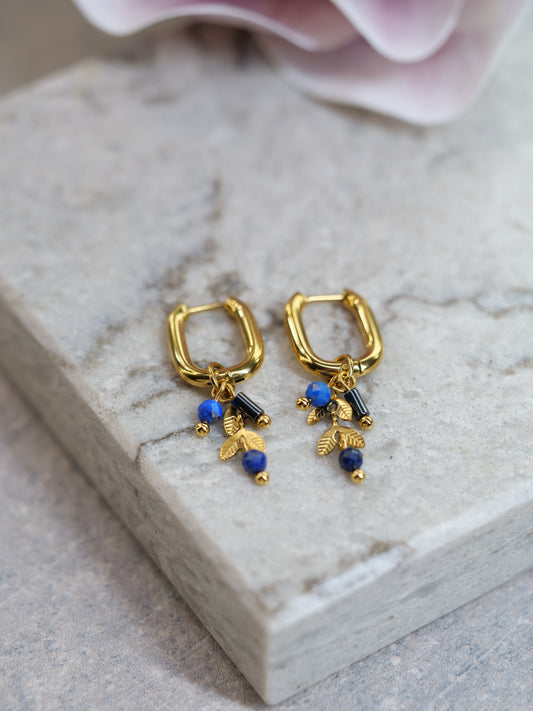 Lapis Lazuli Hematite Huggie Dangle Natural Gemstone PVD Gold Plated Gold Filled Earrings, Genuine Top Grade Gift Jewelry, Women Fashion Jewellery