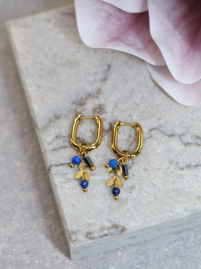 Lapis Lazuli Hematite Huggie Dangle Natural Gemstone PVD Gold Plated Gold Filled Earrings, Genuine Top Grade Gift Jewelry, Women Fashion Jewellery