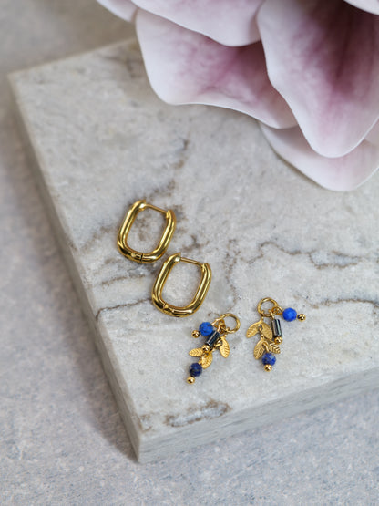 Lapis Lazuli Hematite Huggie Dangle Natural Gemstone PVD Gold Plated Gold Filled Earrings, Genuine Top Grade Gift Jewelry, Women Fashion Jewellery